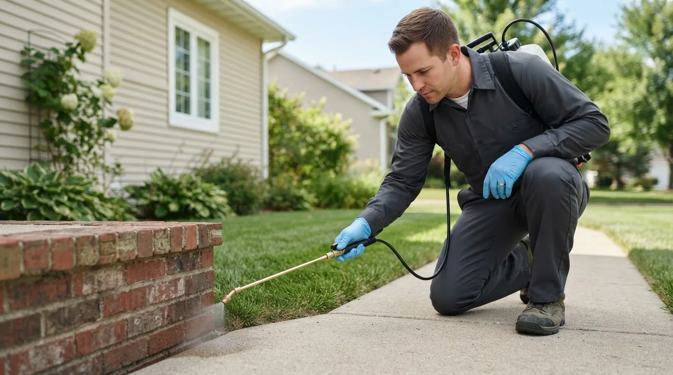 Pest control technician treating a home near Wimberley, TX
