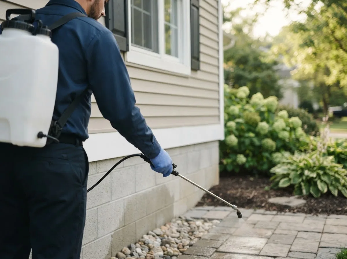 Pest control technician inspecting a home in Wimberley, TX
